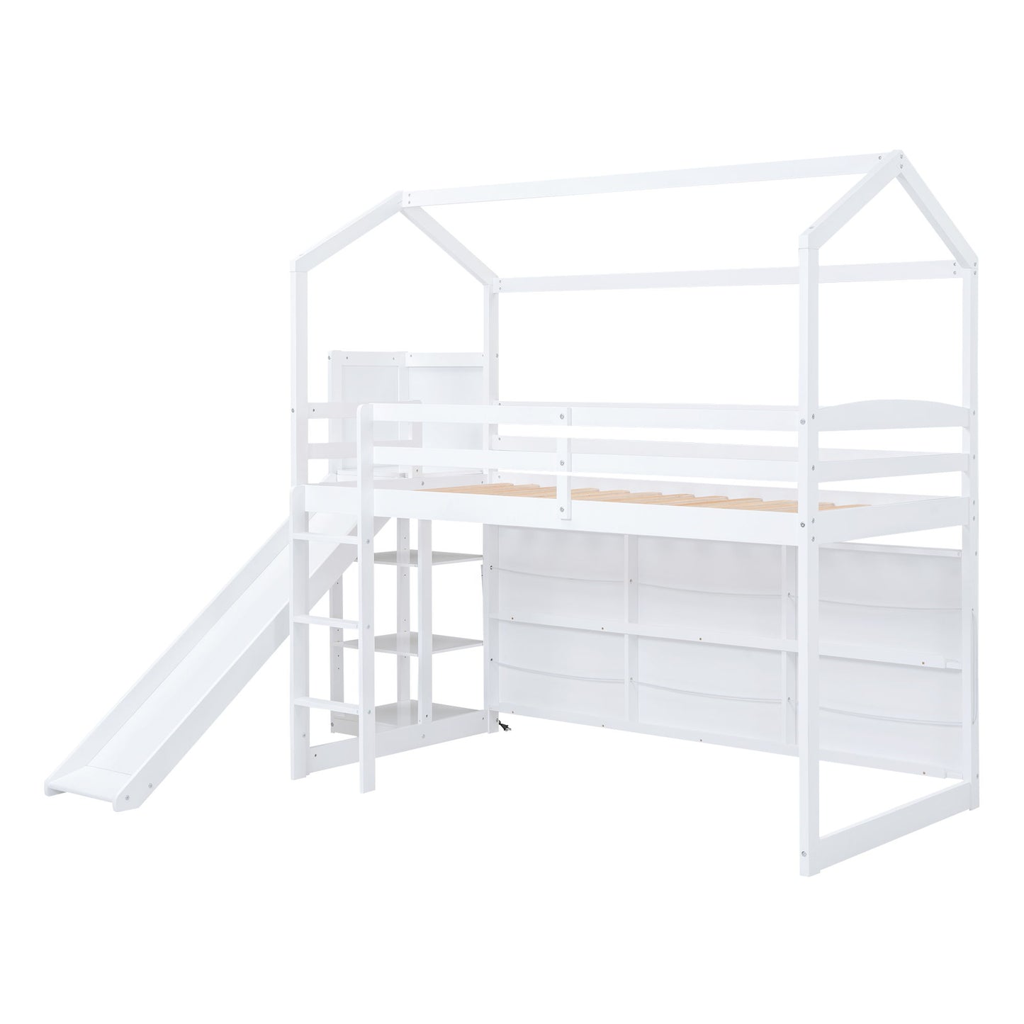 House Loft Bed With Slide, Storage Shelves And Light, Climbing Ramp