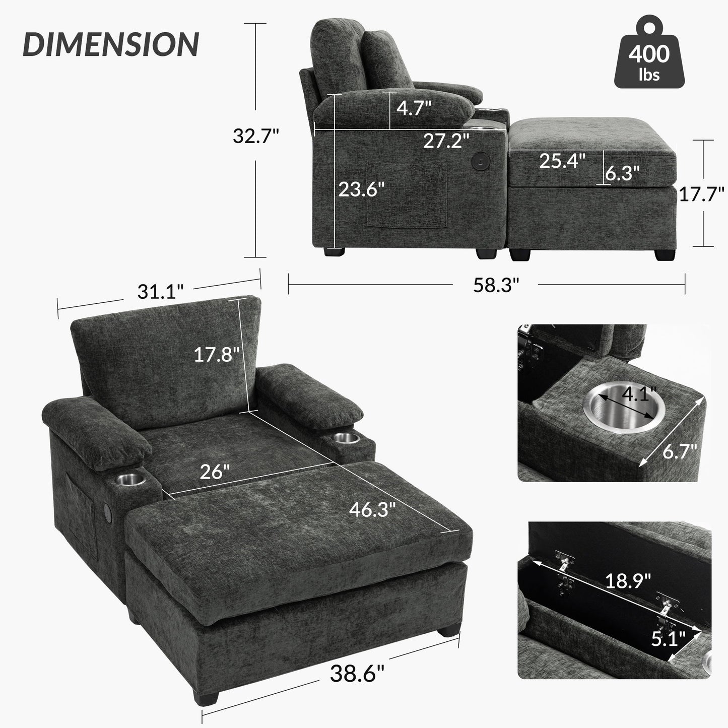 Modern Oversized Chair With Ottoman, Cupholders And USB Charging Ports