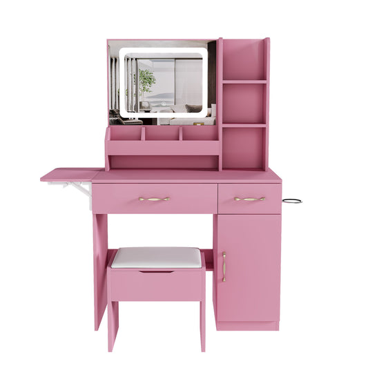 Vanity Desk With LED Mirror Lights And Power Outlet Charging Station, 3 Drawers, 7 Shelves, Storage Stool - Pink