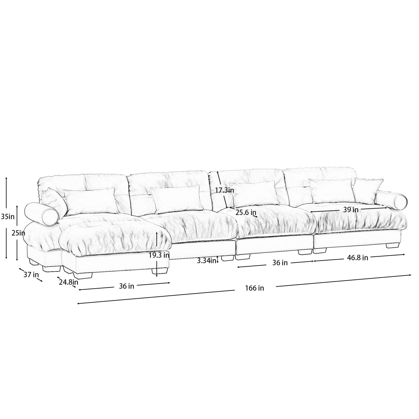 Modern Sectional Sofa With Ottoman, Round Bolster Armrests, Waist And Throw Pillows