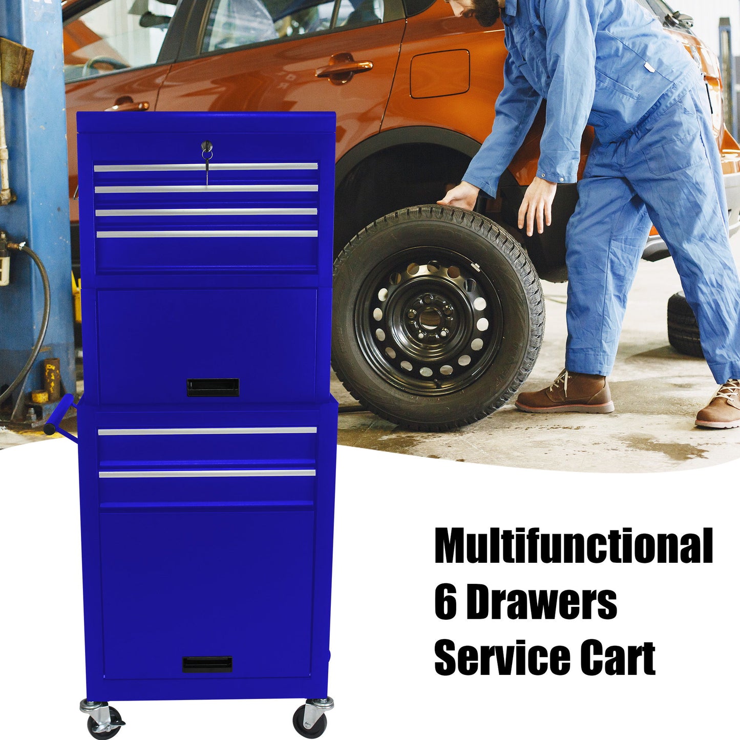 6 Drawer Lockable Tool Cabinet On Wheels, Steel Rolling Tool Chest With Detachable Toolbox