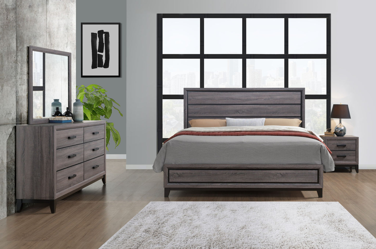 Kate - 4 Piece Full Bedroom Set (Bed, Dresser, Mirror, Nightstand) - Foil Gray