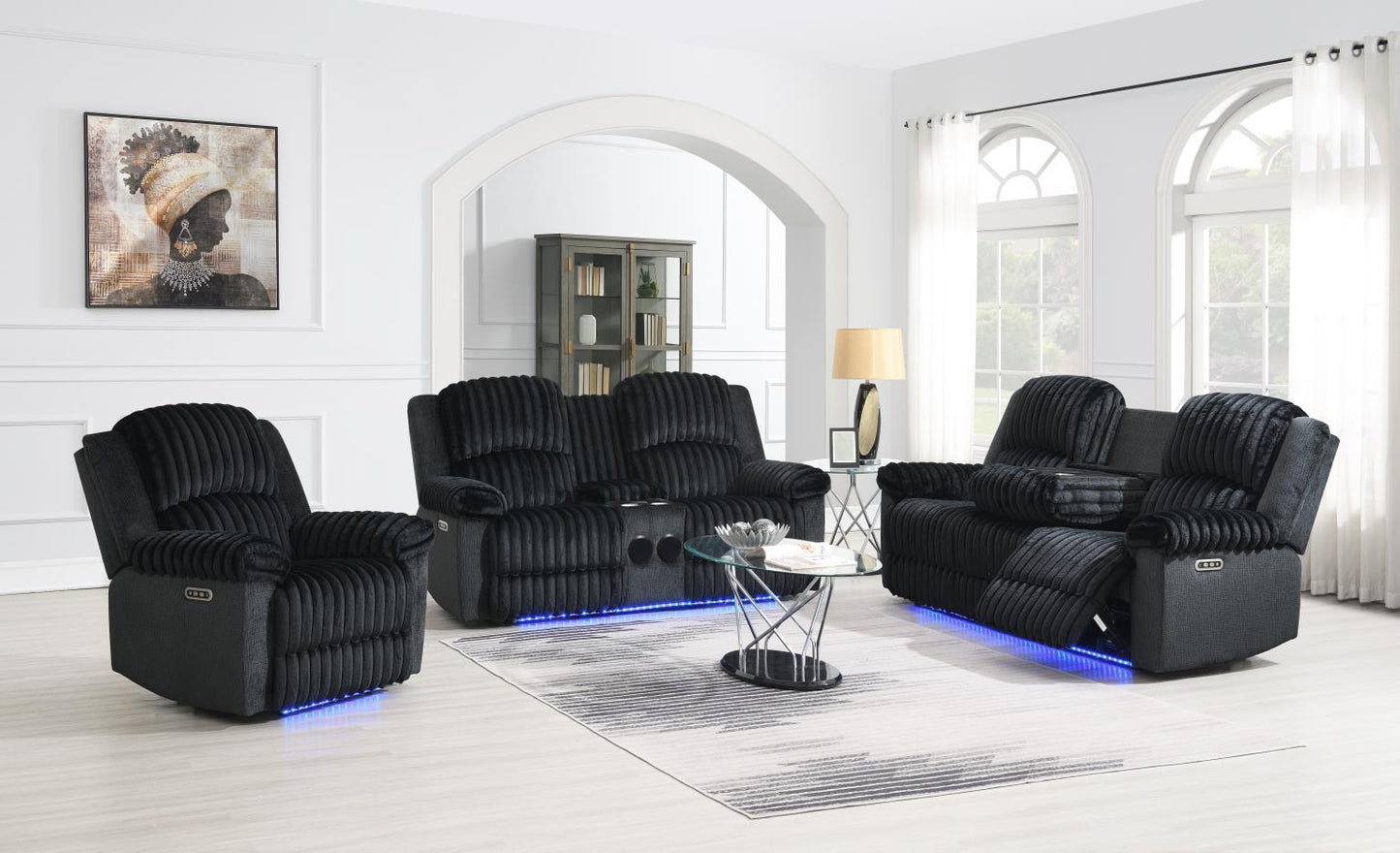 U161 - Corduroy Power LED Reclining Sofa - Black