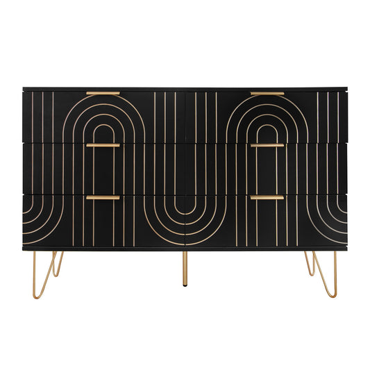 Modern 6 Drawer Dresser, Modern Dresser With Metal Handles, Storage Chest Of Drawer, Wide Dresser Drawer Organizers With Carving Design For Bedroom, Living Room, Hallway - Black