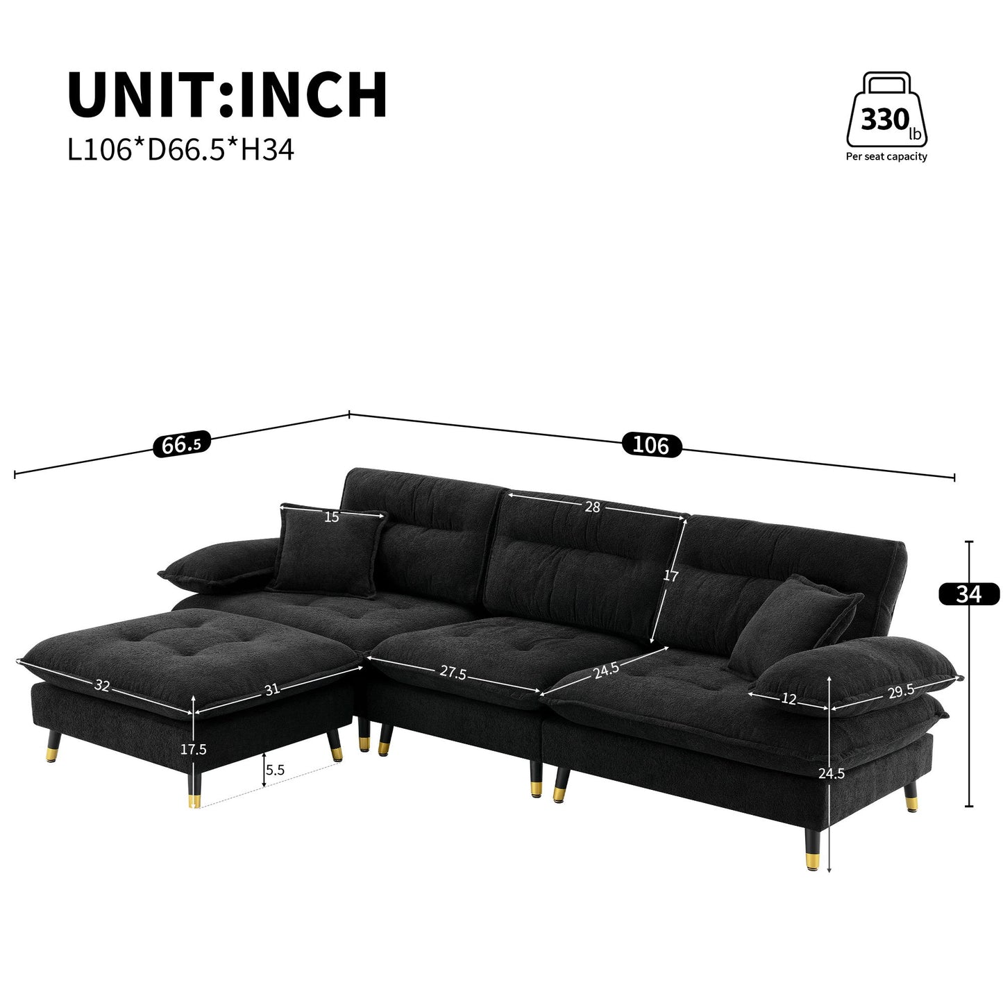 L Shaped Convertible Sectional Sofa 4 Seat Tufted Couch Set With Two Tone Adjust Legs Cloud Movable Ottoman