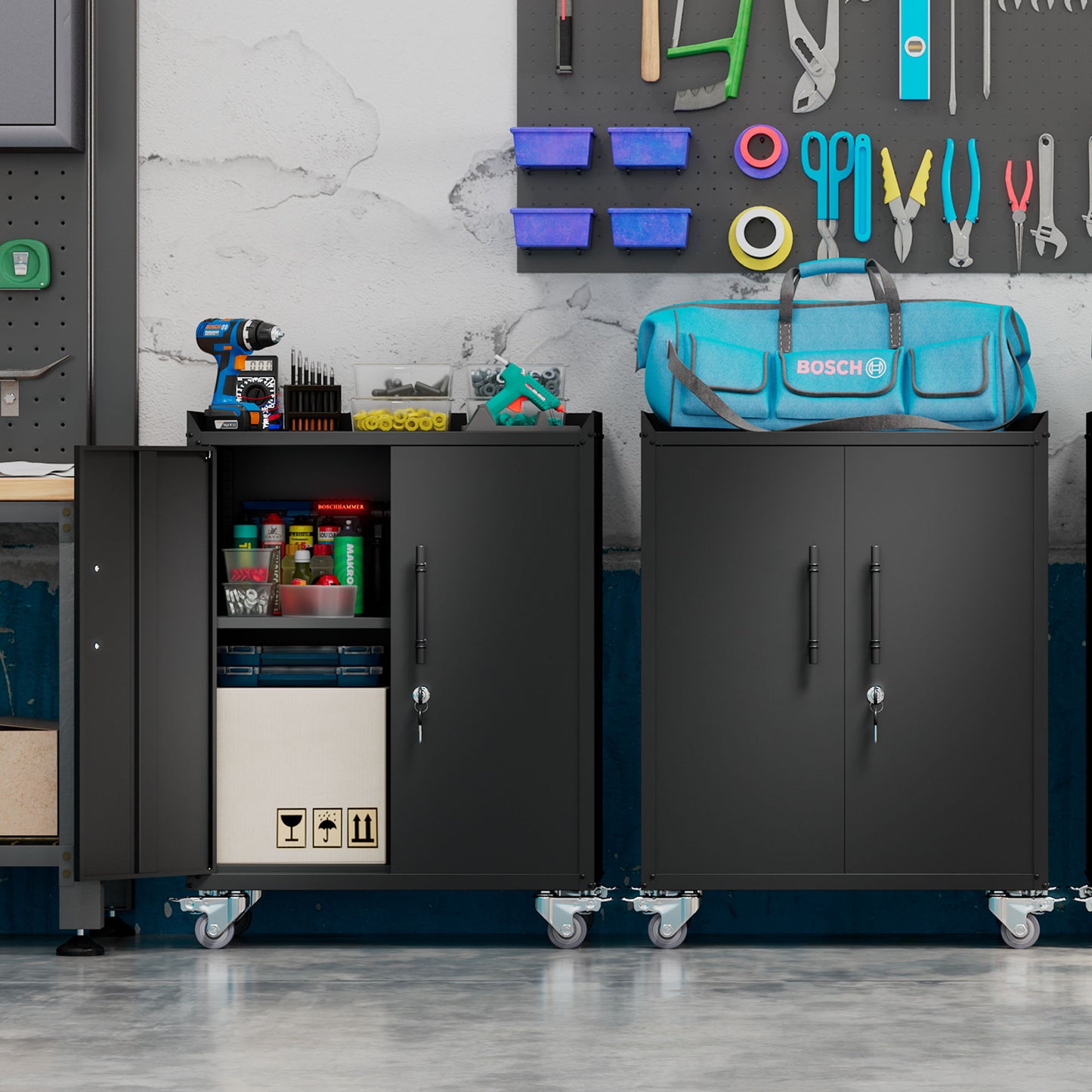 2 Door Tool Cabinets For Garage, Lockable Garage Storage Cabinet, Locking Storage Cabinet With Wheels, Rolling Tool Chest - Black