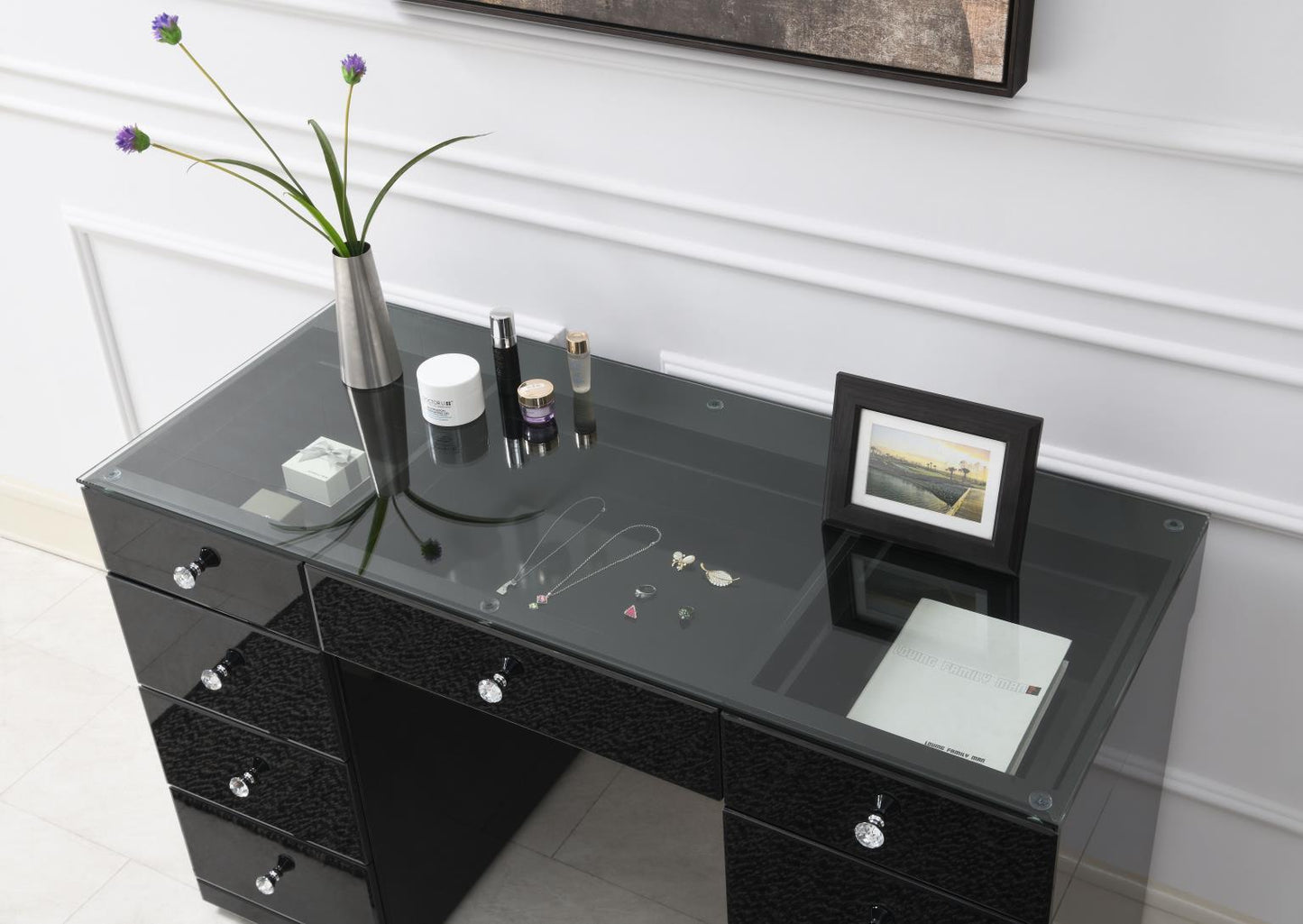 G-316 - Glamour Vanity Set (MDF Dresser + Mirror Bluetooth Speaker With Lights) - Black