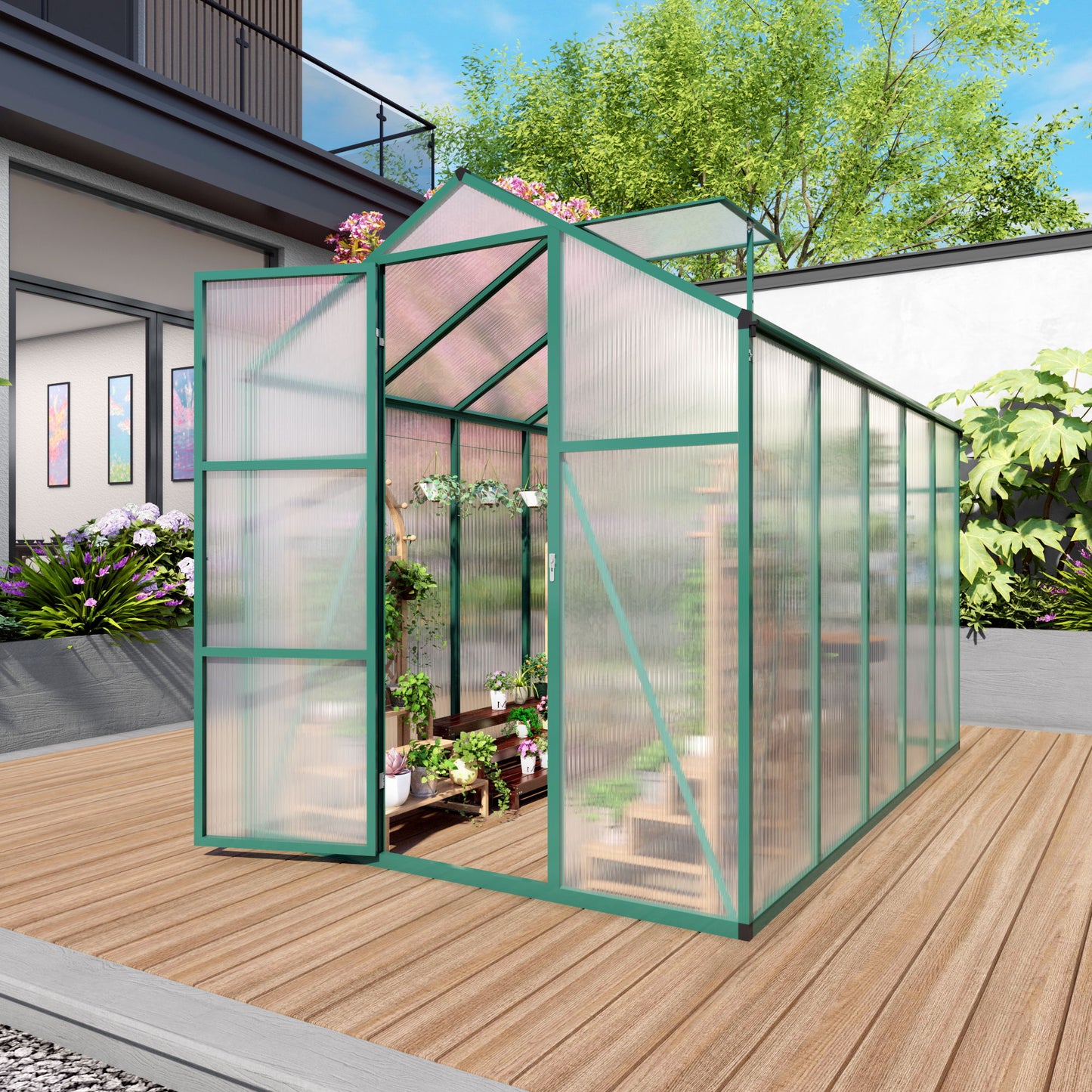 Polycarbonate Walk-In Greenhouse, Raised Base For Outdoor In All Season