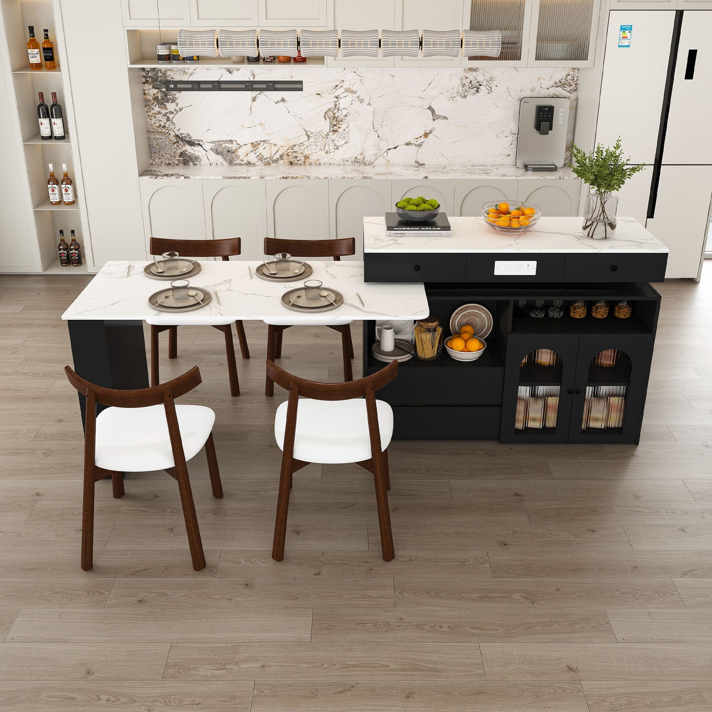 Retro Kitchen Island Set With Chairs, Extendable & Rotating Table, 4 Drawers & Door Cabinets