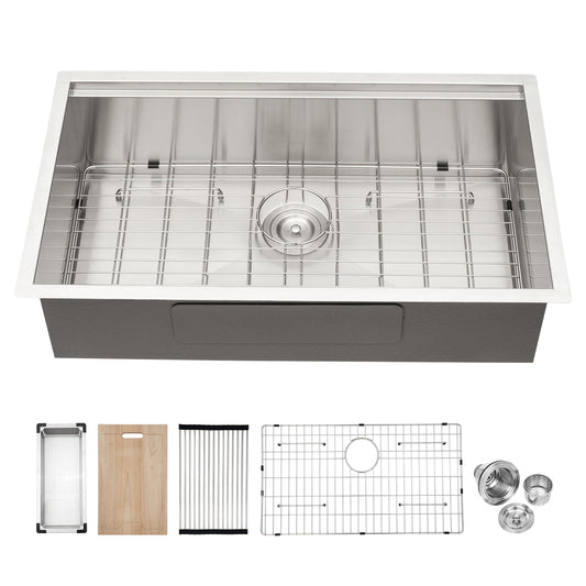 33" Undermount Kitchen Sink Single Bowl Stainless Steel Ledge Workstation In Brushed Nickel, 16 Gauge 304 Stainless Steel, 33 X 19 X 9 Inch