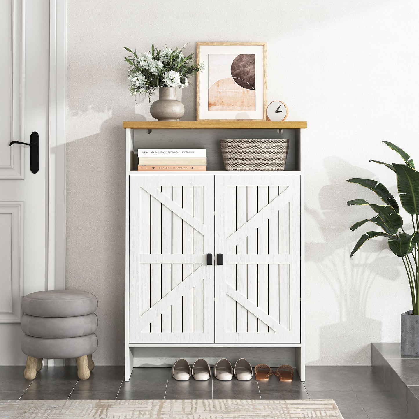 Modern Minimalist Shoe Cabinet With Sliding Door Design - White