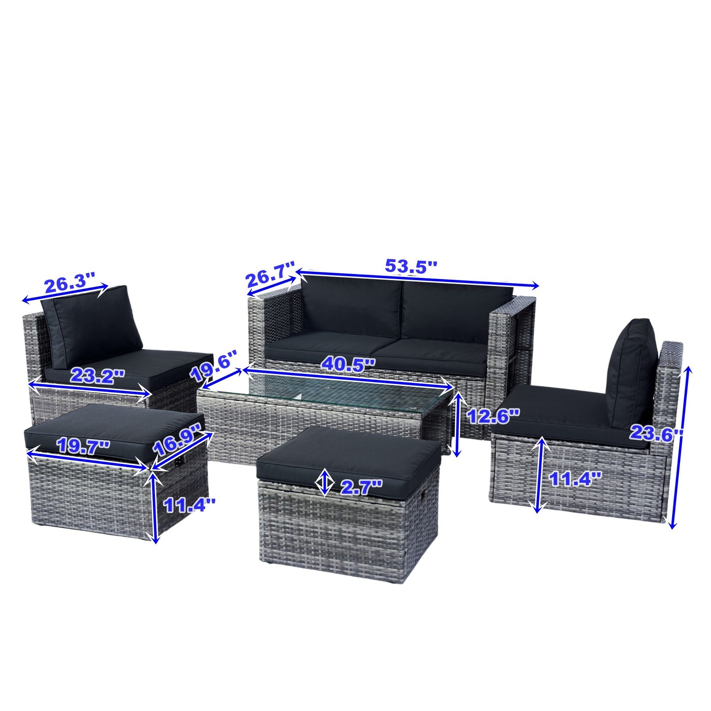 6 Piece Patio Wicker Sectional Set Patio Backyard Conversation Set Space Saving - Gray / Black