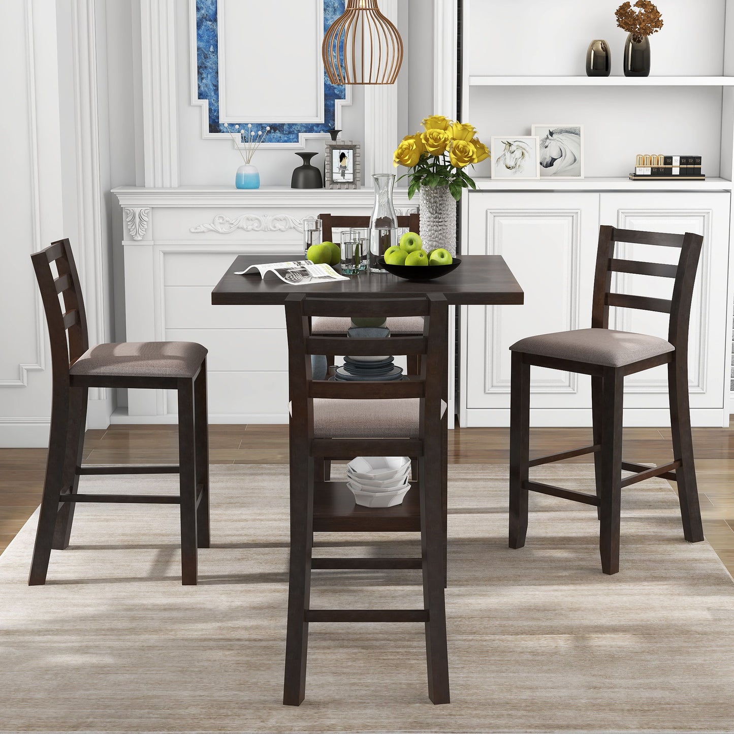 5 Piece Wooden Counter Height Dining Set With Padded Chairs, Storage Shelving