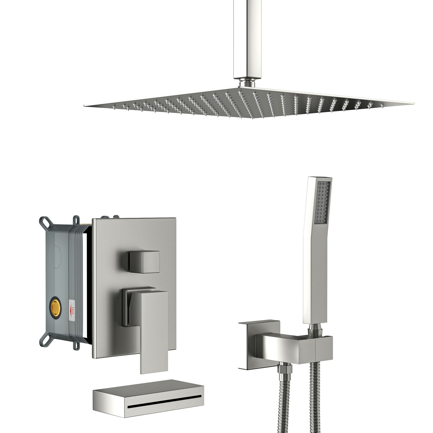 12" Ceiling Mount Square Shower System With Waterfall Tub Spout And Handheld Shower