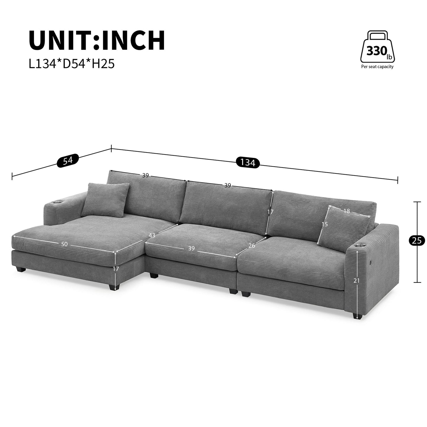 Oversized Sectional L Shaped Cloud Couch With USB Charging Port Cup Holder Deep And Wide Seat Sofa With Chaise Comfy