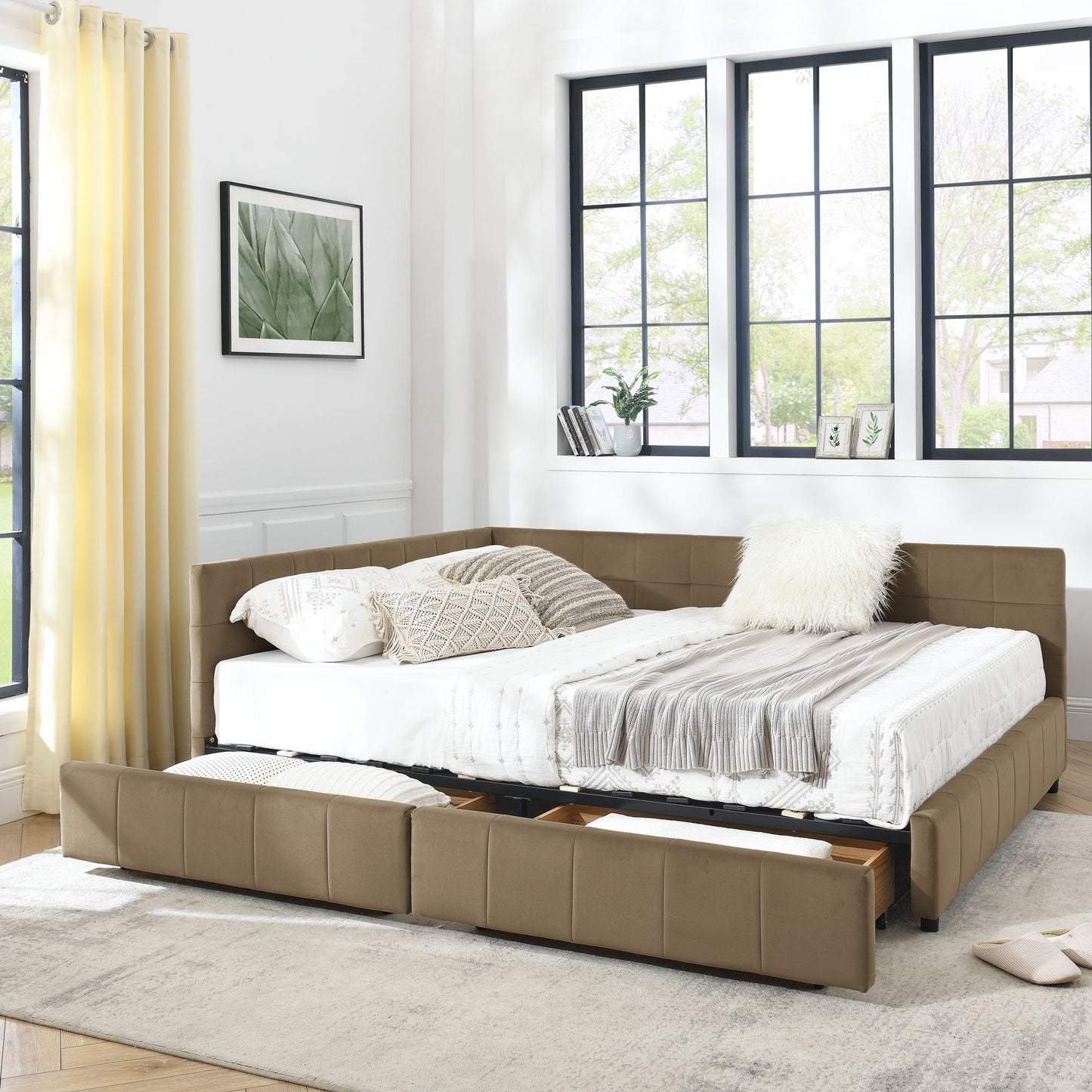 Mid-Century Storage Upholstered Tufted Bed Frame With Backrest And Armrests