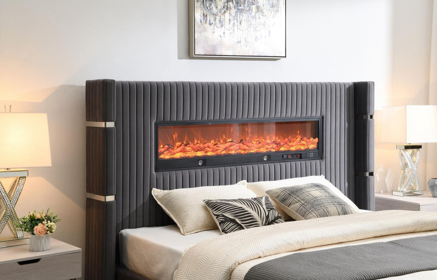 B544 - Velvet Bed With Fireplace & Bluetooth Speaker & USB