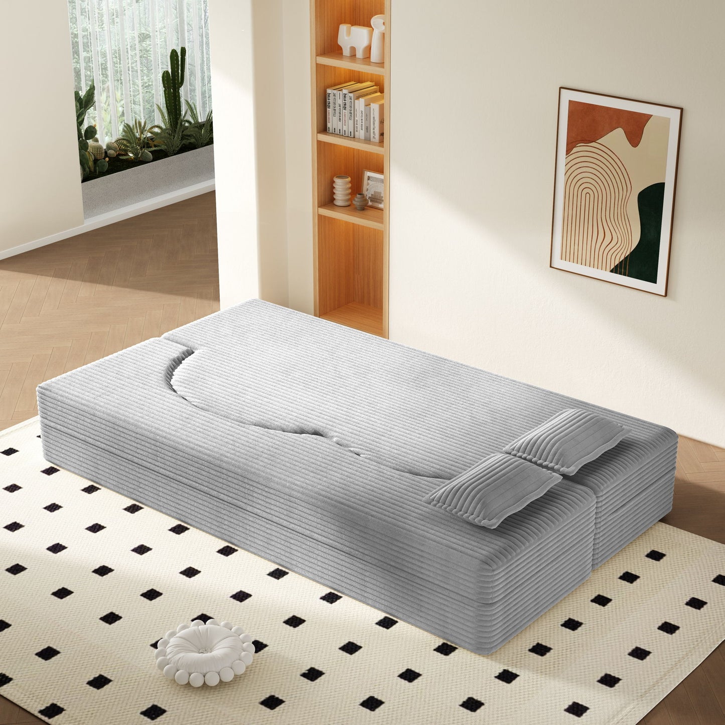 Floor Sofa With 2 Pillows, Convertible Twin Size Mattress For Living Room