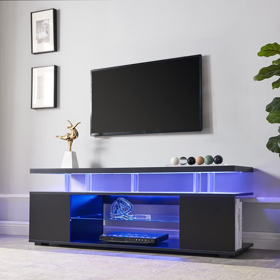 TV Stand LED Gaming Entertainment Center, Media Storage Console Table With Large Side Cabinet