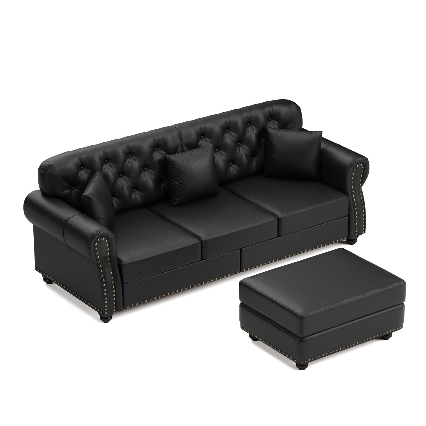 Upholstered Sofa With Nailhead Trim, Rolled Armrests With Ottoman