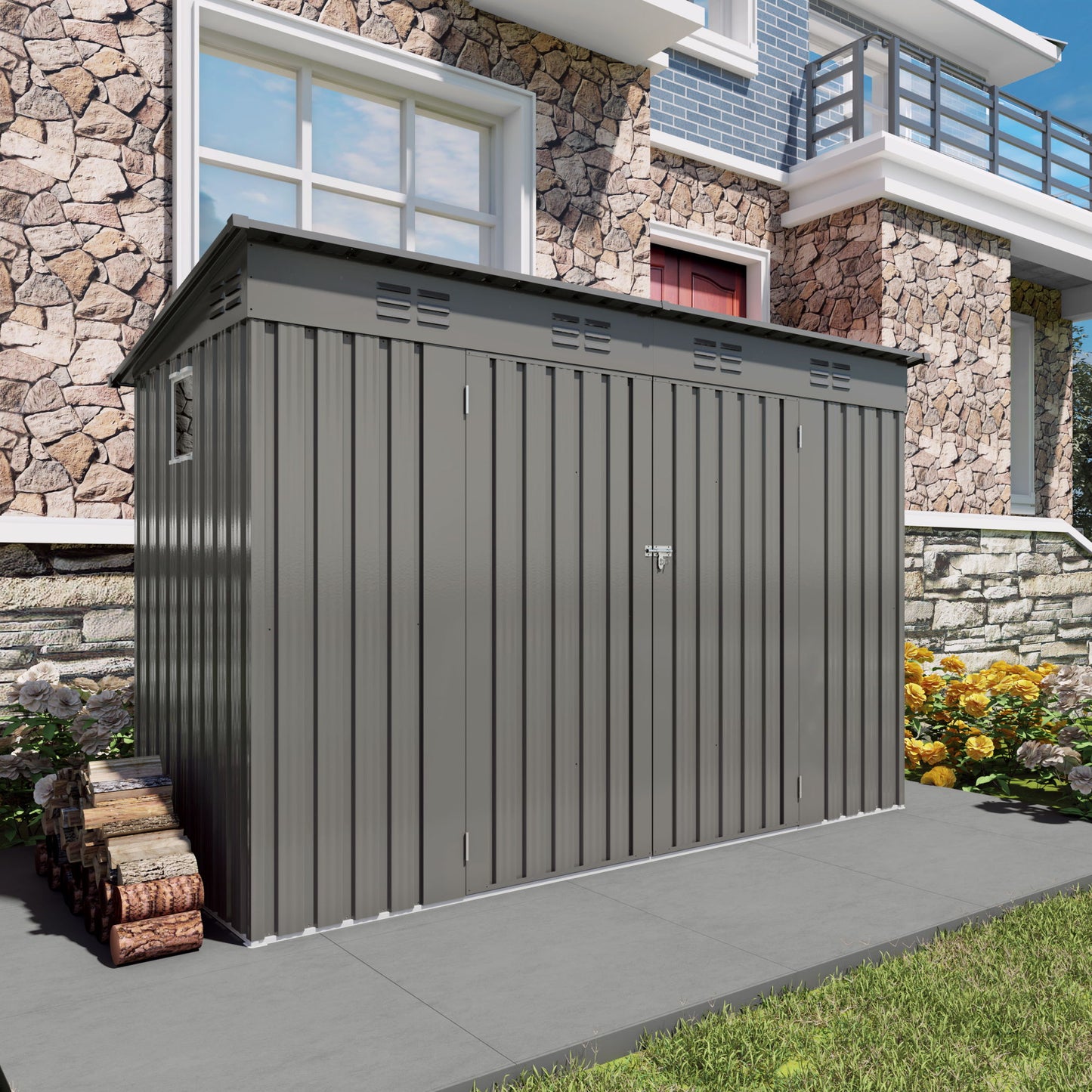 Outdoor Storage Shed 4 X 9 Ft With Sloping Roof And Vents For Garden And Patio - Gray