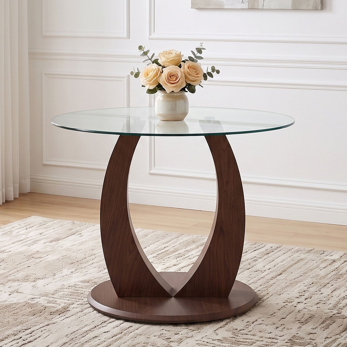 2 In 1 Round Glass Dining Table With Adjustable Curved Base, - Transparent / Walnut