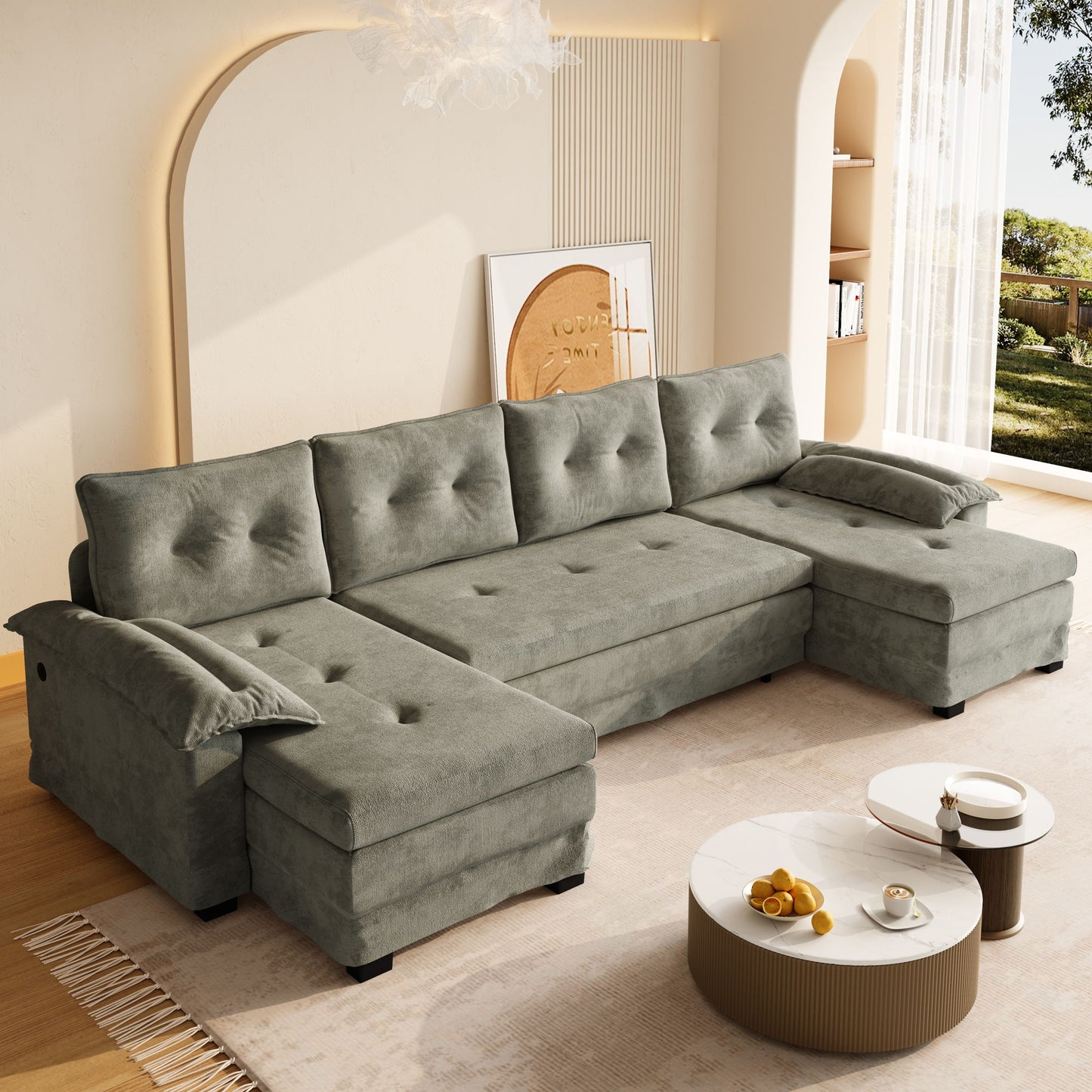 U-Shaped Sleeper Sofa With Pull Out Bed, Removable Armrests & USB Ports For Living Room