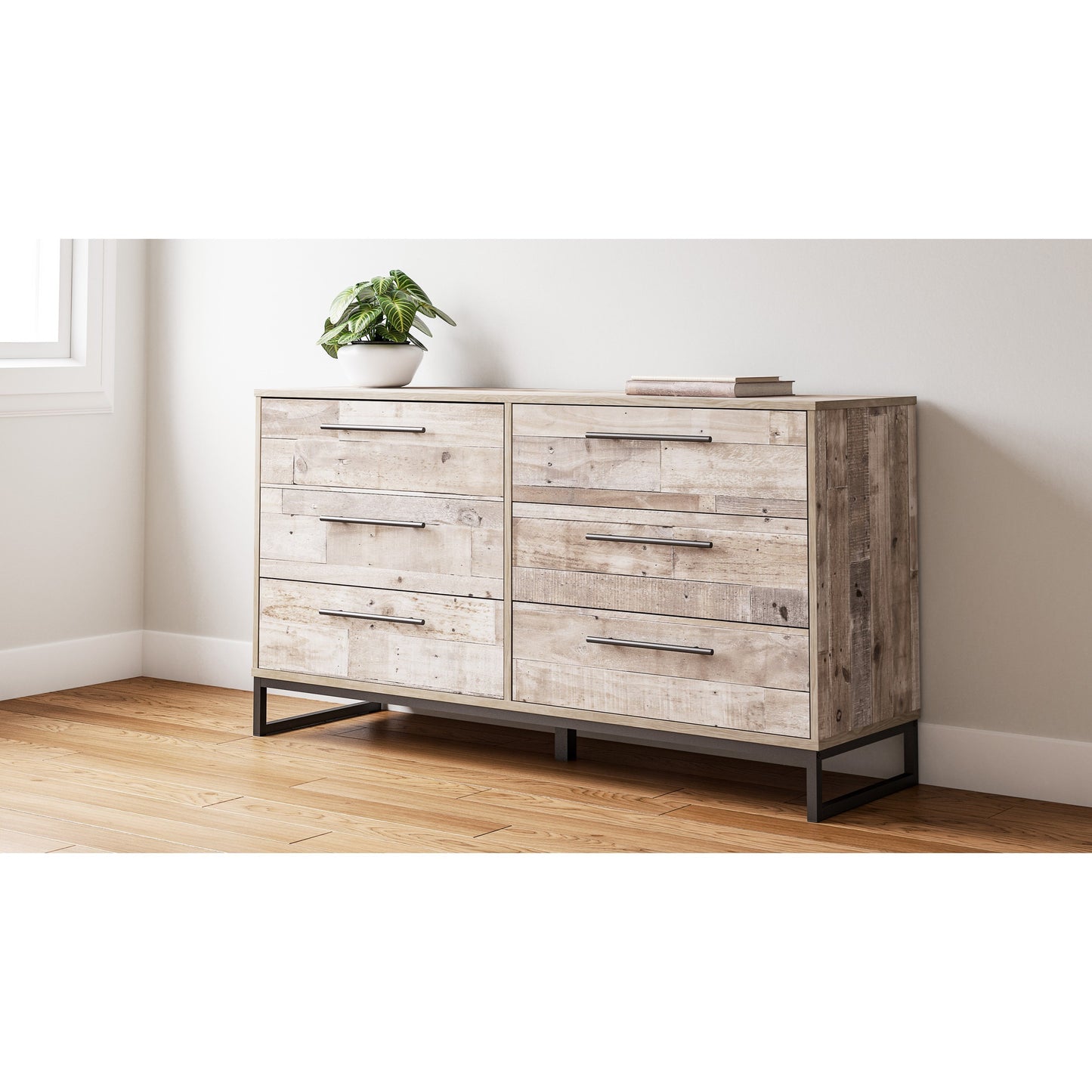 Rustic Dresser with Butcher Block Pattern and Metal Sled Legs