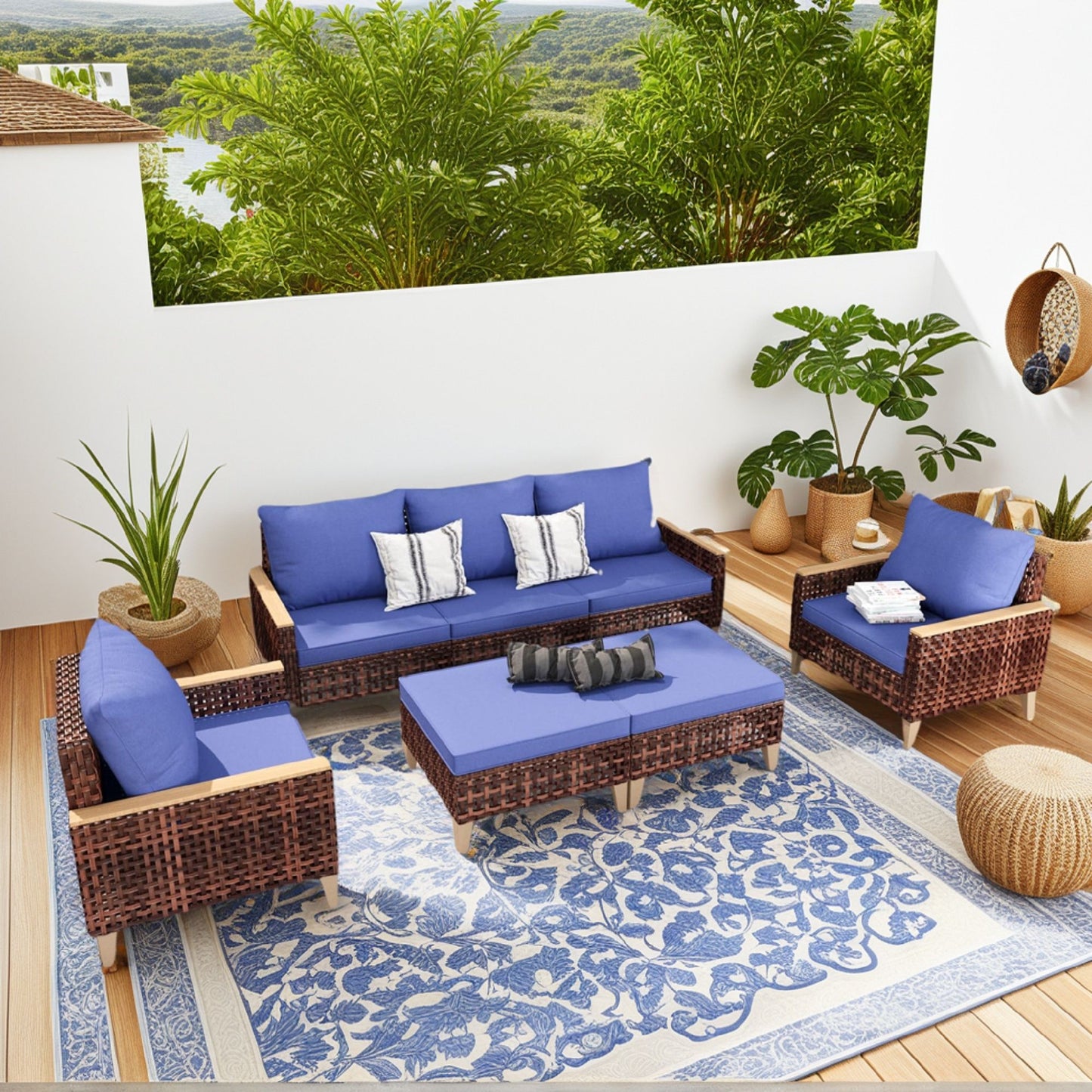 7 Pieces Patio, Wicker Dining Set With Removable Cushions Cotton And Rattan - Blue