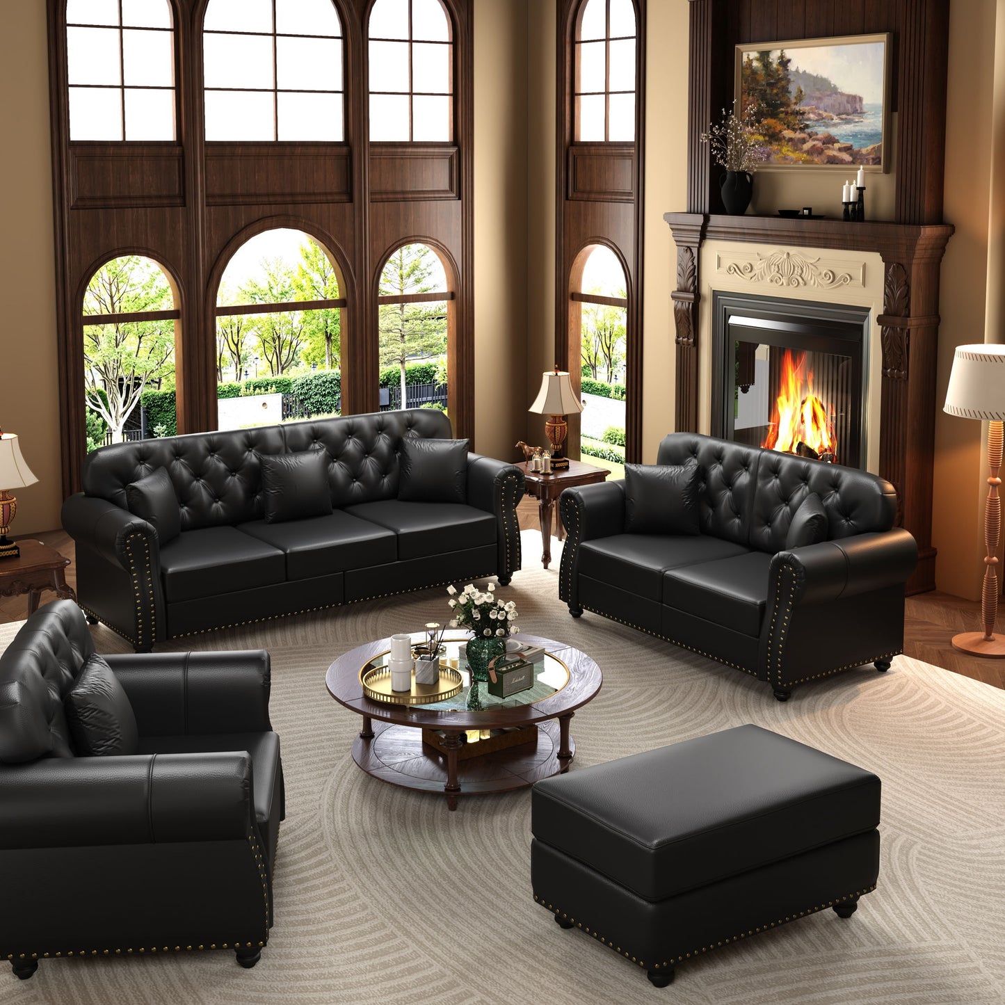 Upholstered Sofa With Nailhead Trim, Rolled Armrests With Ottoman