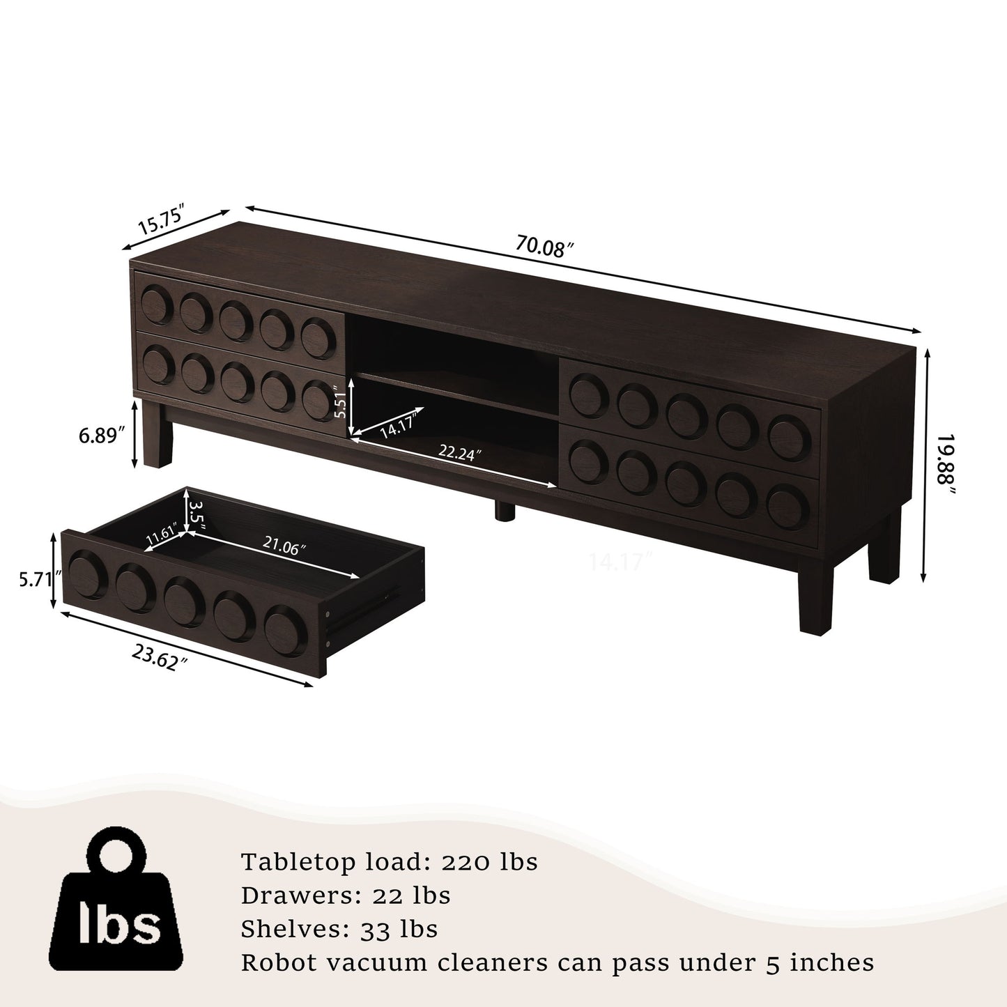 Media Console With 4 Drawers And Cable Management
