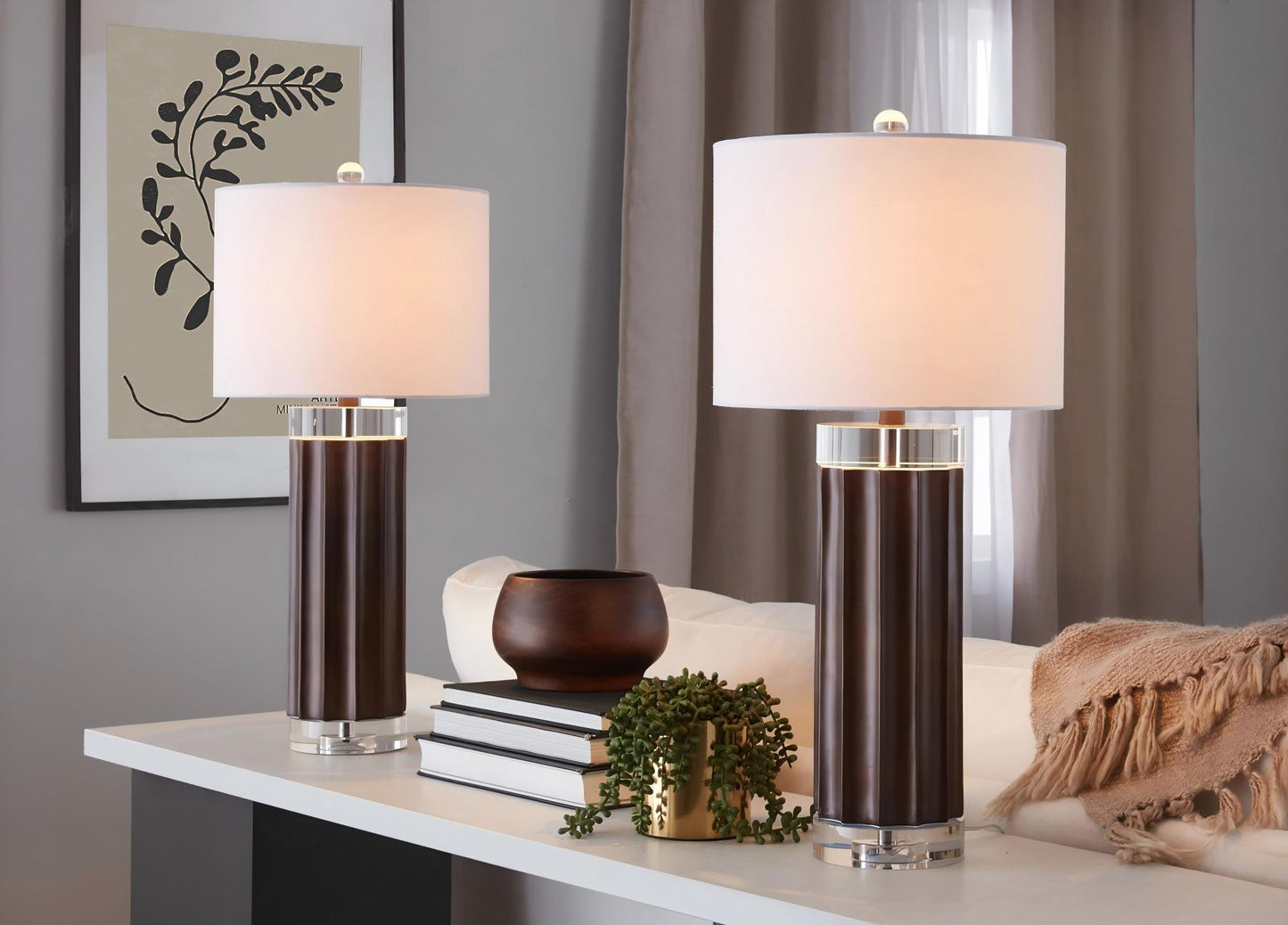 Cylinder - Fluted Contemporary Table Lamp (Set of 2) - Brown / Clear / White