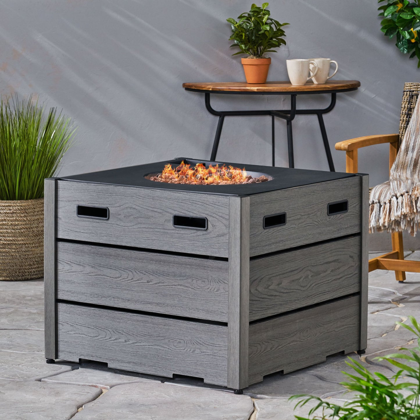 Rustic Style Outdoor Square Propane Fire Pit, 40,000 Btu