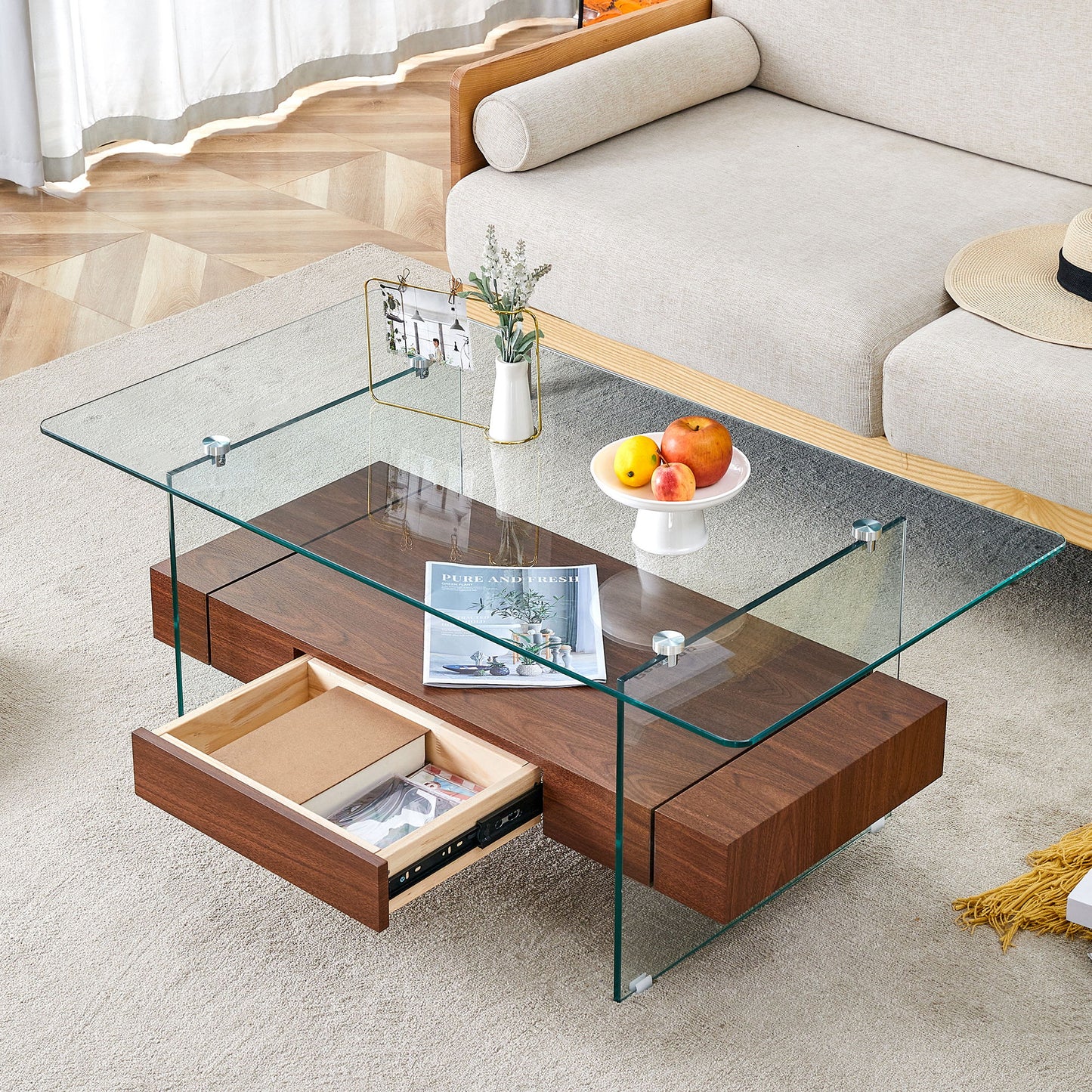 Modern 2 Tier Square Coffee Table, Elegant Marble Pattern