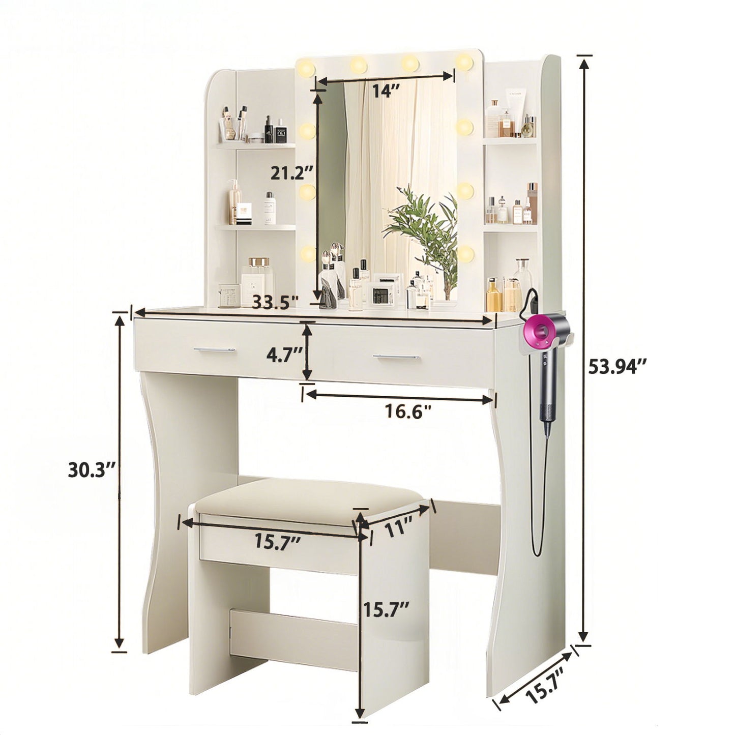 Vanity Desk Set With Mirror & Adjustable Lights Power Outlet And Hair Dryer Rack 2 Drawers And 6 Shelves Includes Cushioned Stool - White