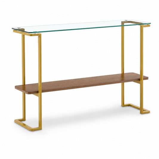 Console Table With Shelf, 2 Tier Living Room - Gold / Walnut