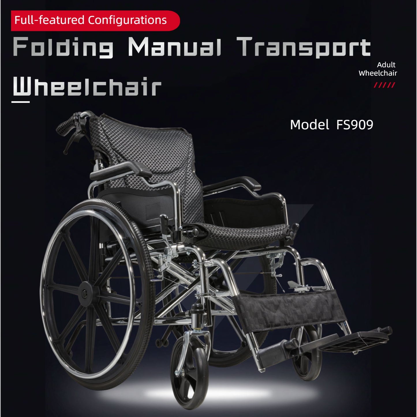 Lightweight Wheelchair Foldable For Adults, Manual Transport Chair With Double Brakes