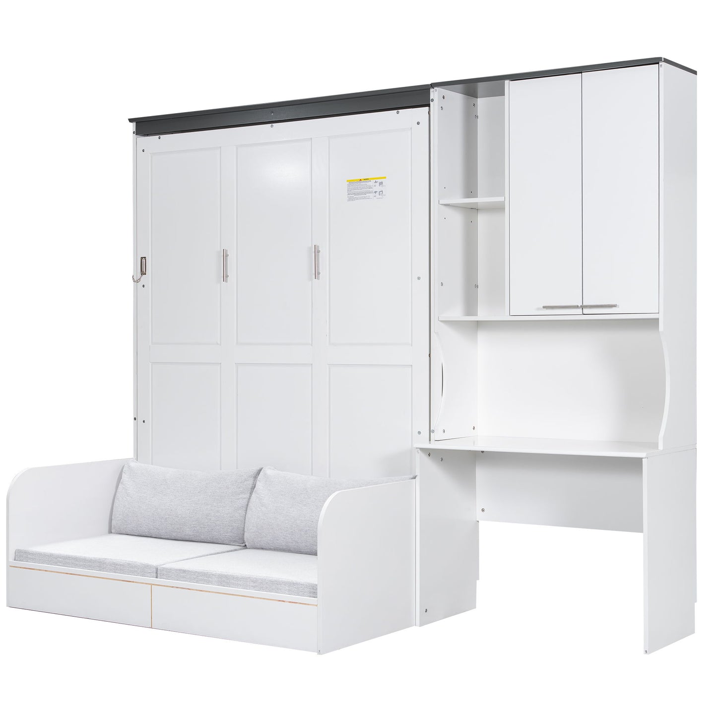 Multi Functional Murphy Bed With Sofa, Desk, And Storage Cabinet, Queen Size - White