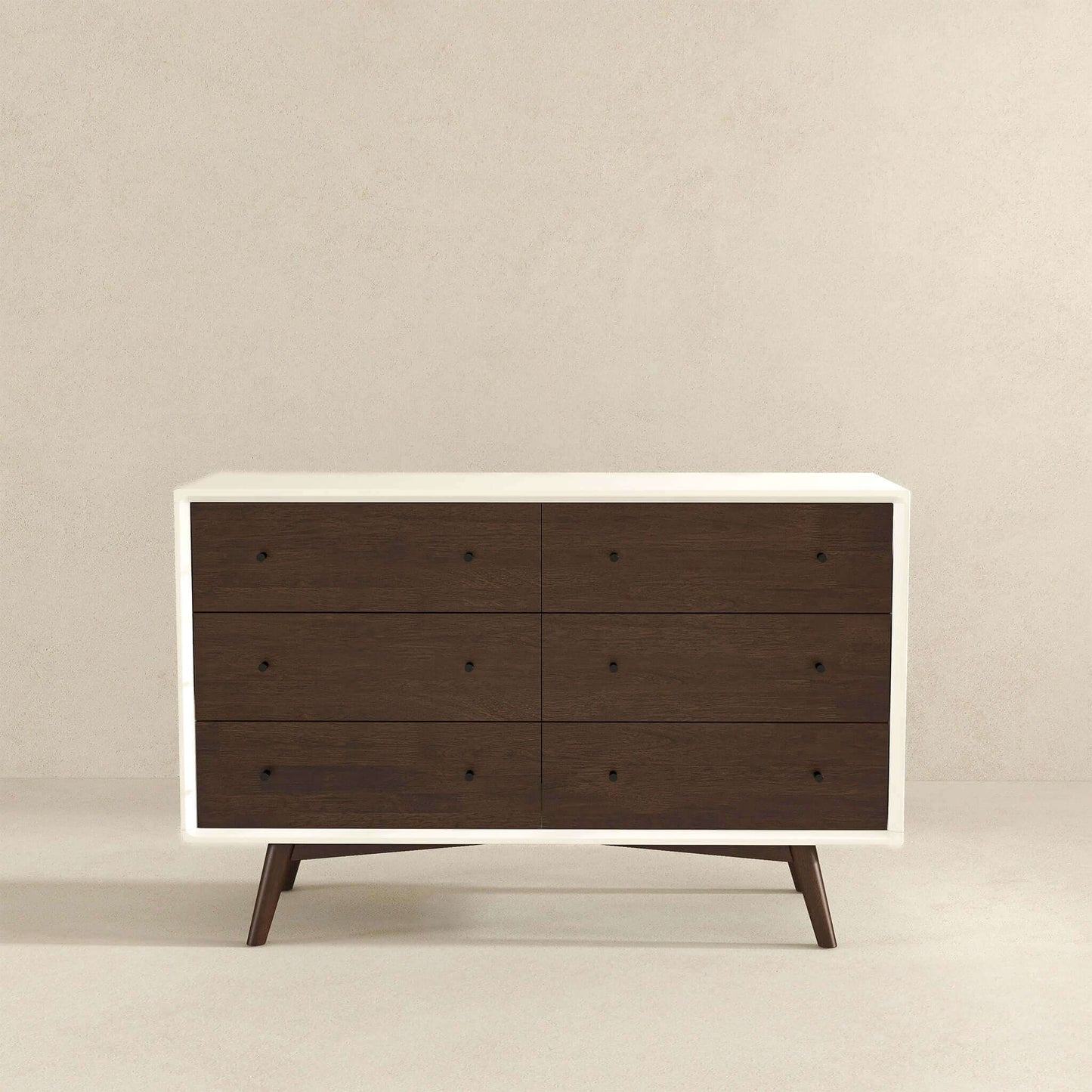 Mid-Century Modern White Dresser 6 Drawer - Dark Brown / White
