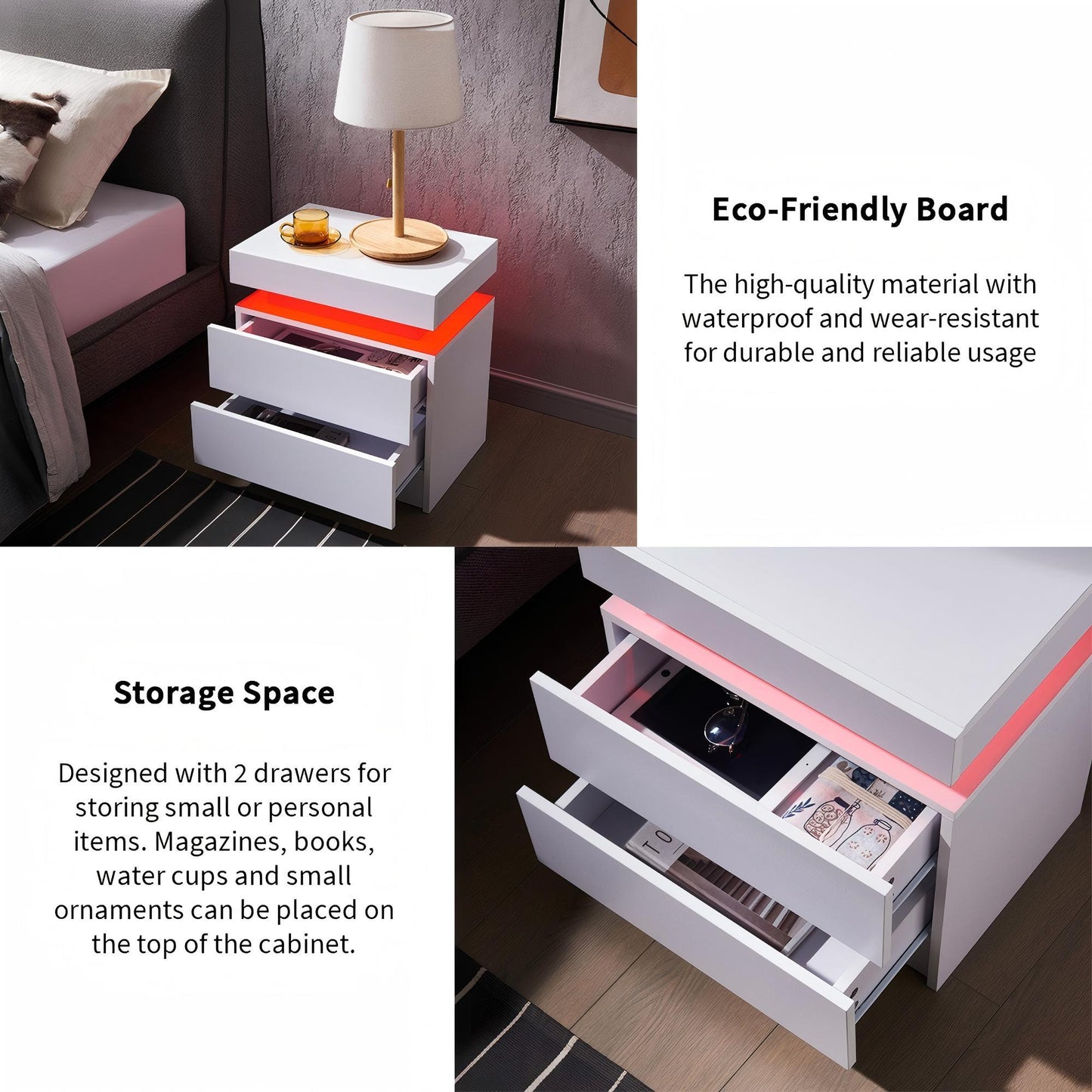 Modern LED Bedside Table Cabinet With Adjustable Lights And 2 Drawers - White
