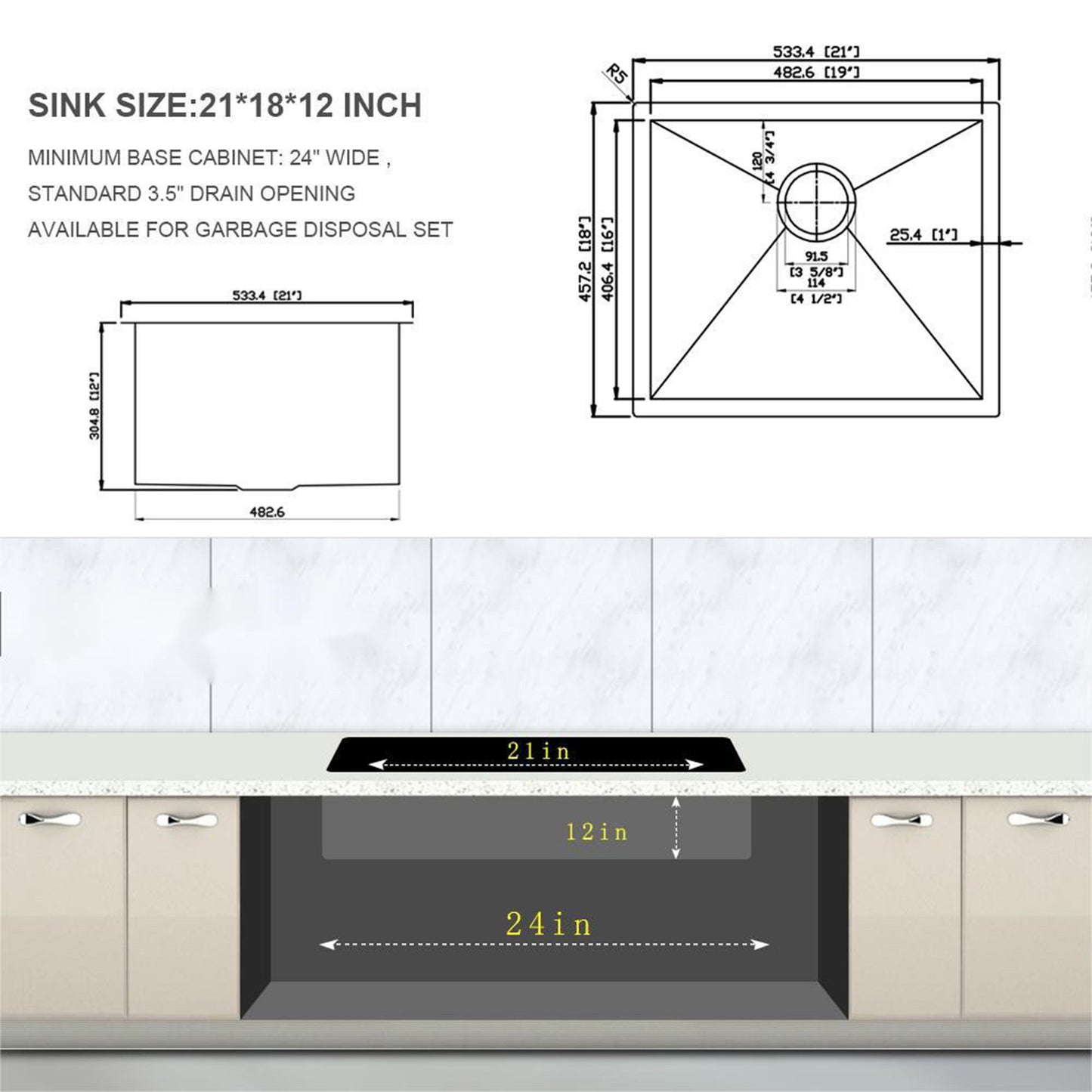 Modern Undermount Stainless Steel Kitchen Sink 16 Gauge, Deep Single Bowl
