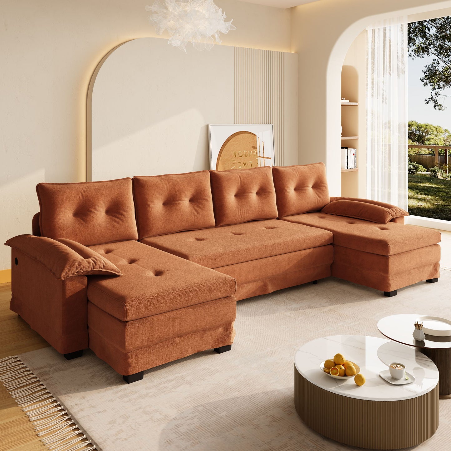 U-Shaped Sleeper Sofa With Pull Out Bed, Removable Armrests & USB Ports For Living Room