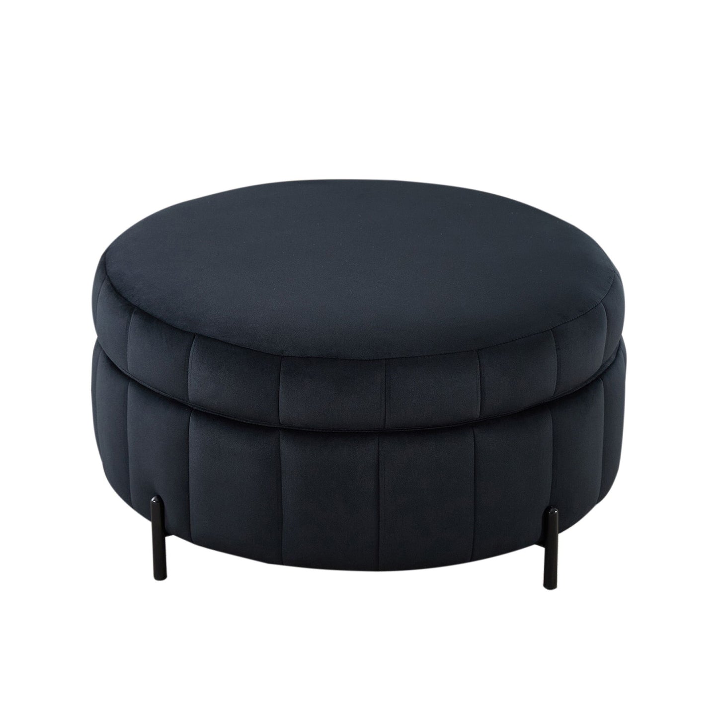 Upholstered Round Ottoman With Reversible Lid, Channel Tufted Pumpkin Shape