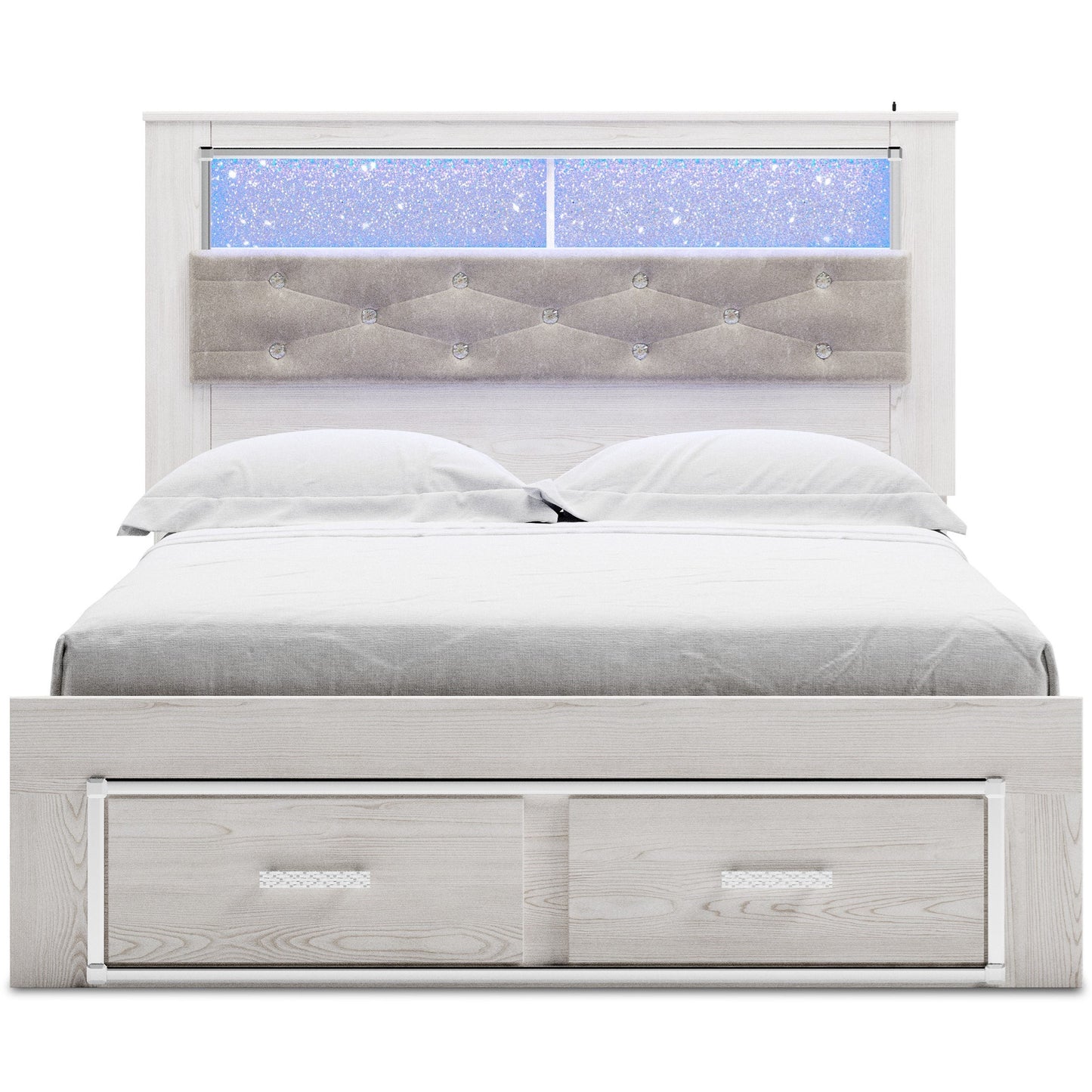 Queen Storage Bed with Upholstered Bookcase Headboard