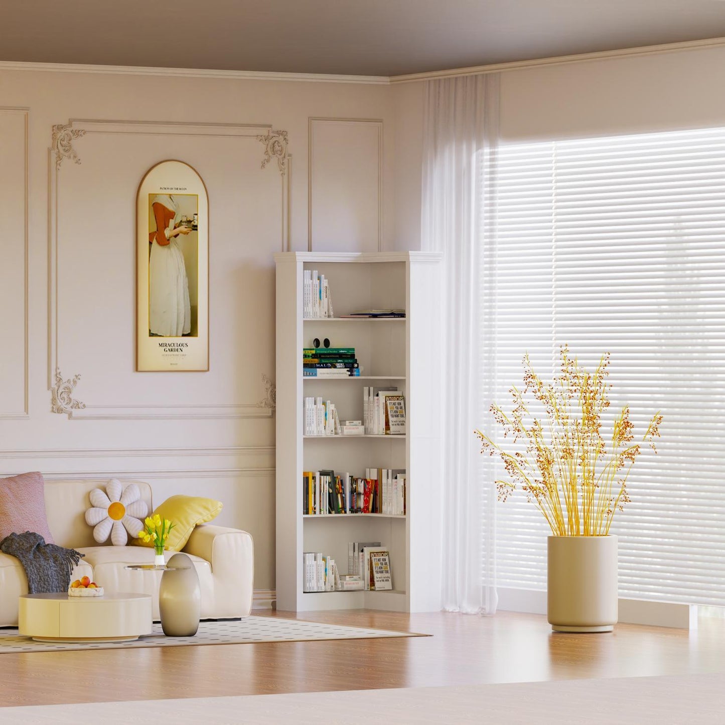 Modern 5 Tier Corner Bookshelf With Adjustable Storage For Bedroom And Living Room - White