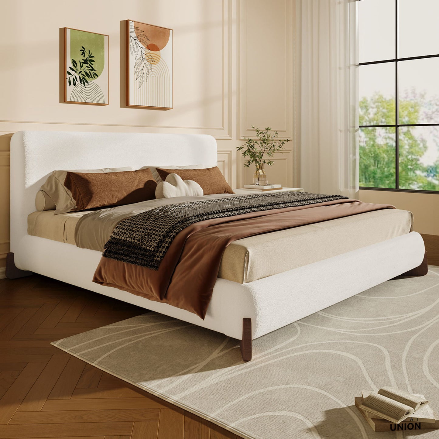 Elegant Boucle Upholstered Bed With Solid Wood Legs