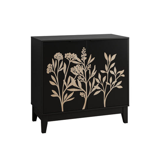 Vintage Carved Buffet Cabinet With Adjustable Shelves, Wooden Decorative Sideboard - Black