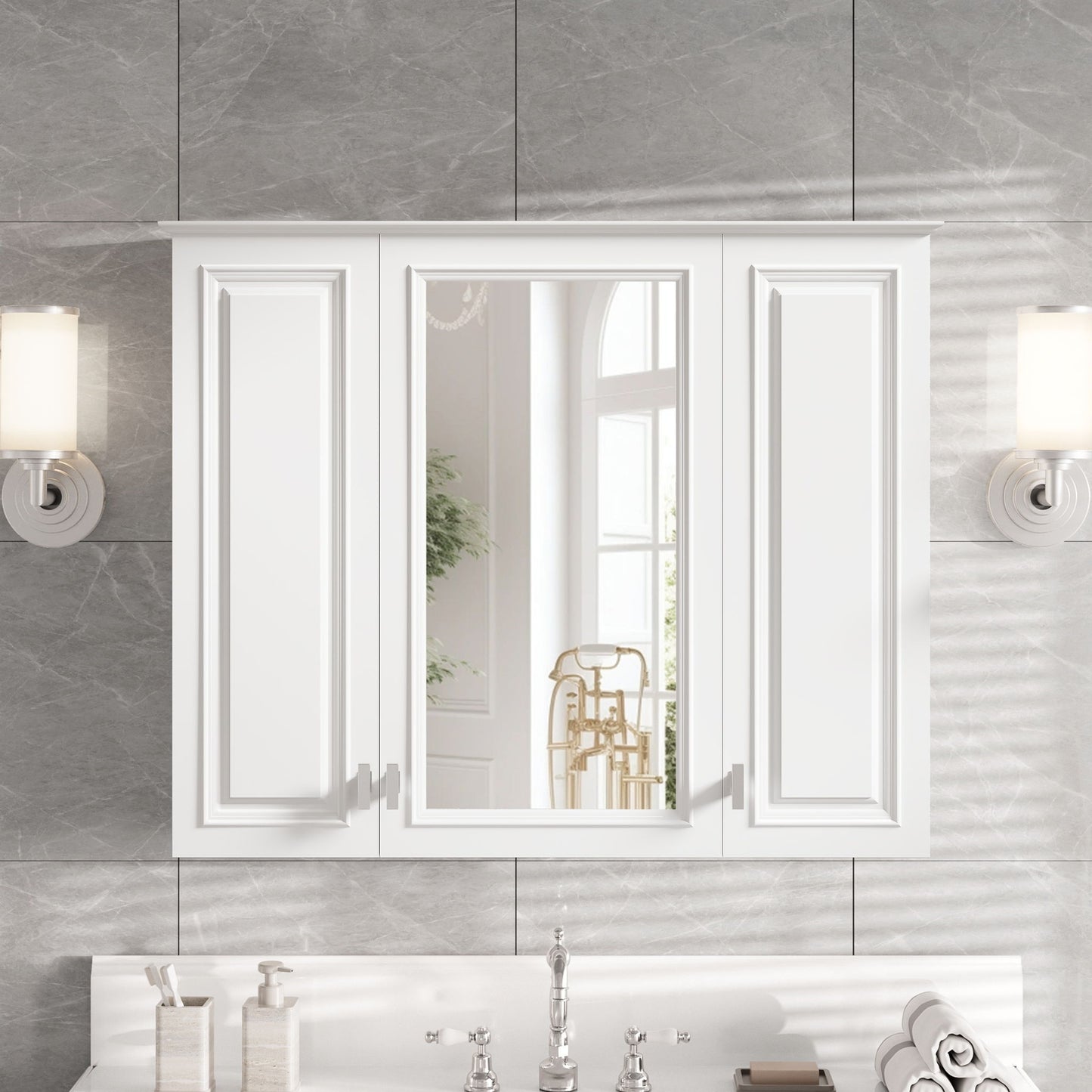 Wall Mounted Mirror Cabinet With 5 Adjustable Shelves, Rectangular Storage For Bathroom - White