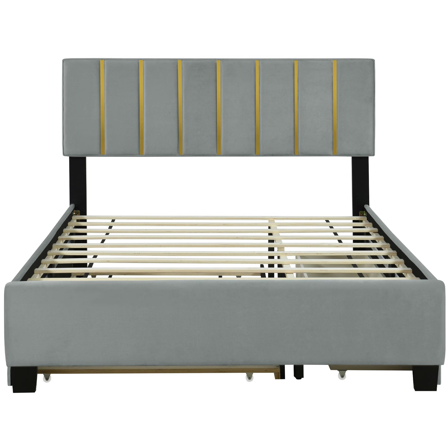 Upholstered Platform Bed With 2 Drawers And 1 Trundle, Classic Strip Headboard Design