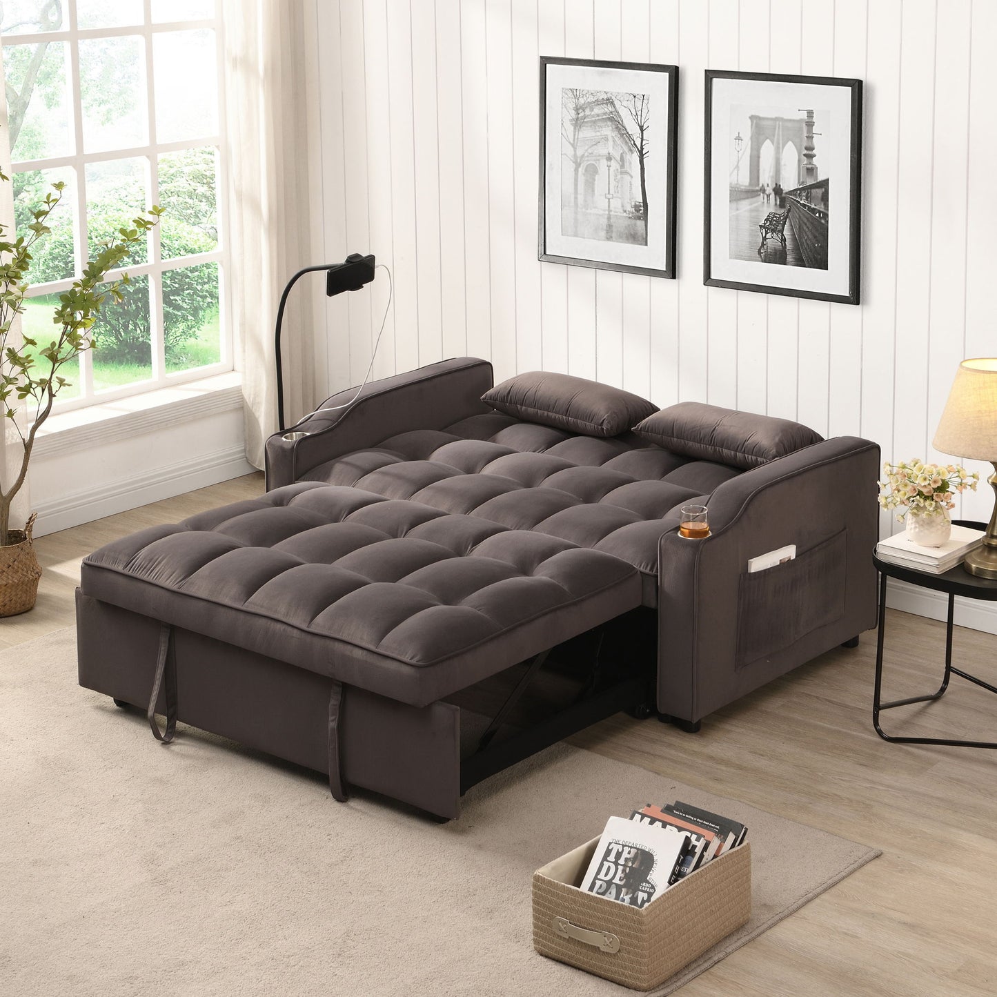 Modern Velvet Loveseat Futon Sofa With Pullout Bed, Adjustable Reclining Backrest, Toss Pillows